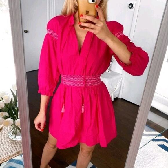 Zara Fuschia Pink Smocked Embroidered Puff Sleeve Tassels Mini Dress Size Large - Picture 1 of 10